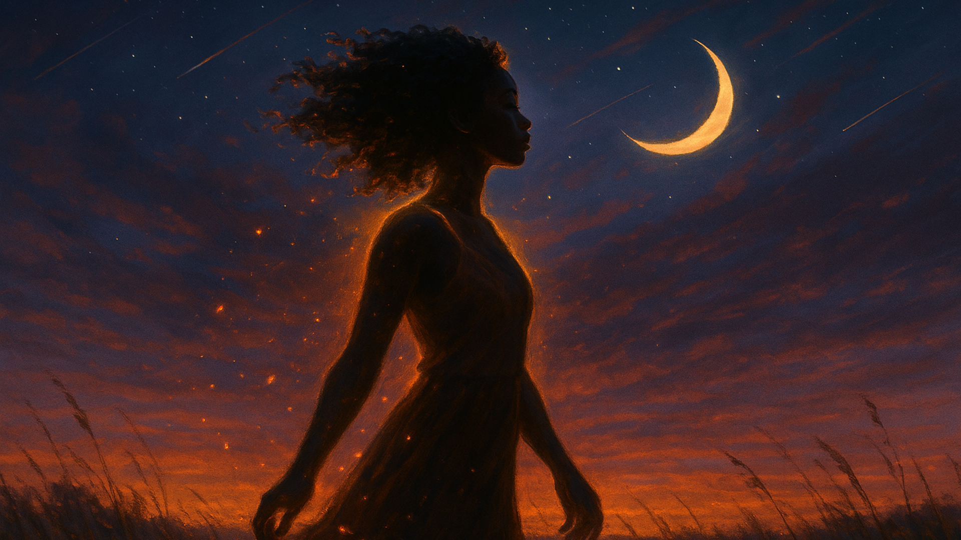 A silhouetted young Black woman stands in a twilight field, glowing with golden light as embers swirl around her beneath a crescent moon and star-filled sky.