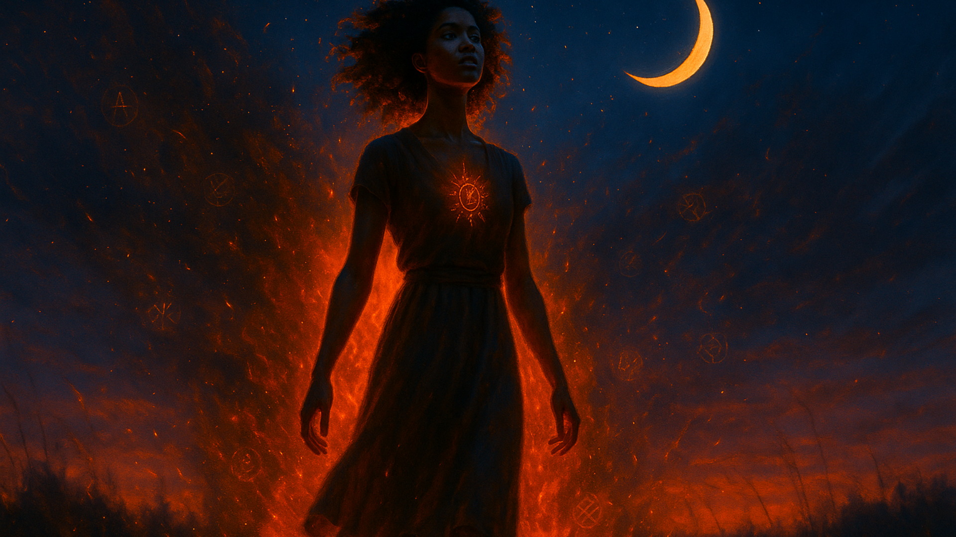 A young Black woman stands barefoot in a glowing field of embers at twilight, surrounded by light and runes, her gaze strong and empowered beneath a crescent moon.